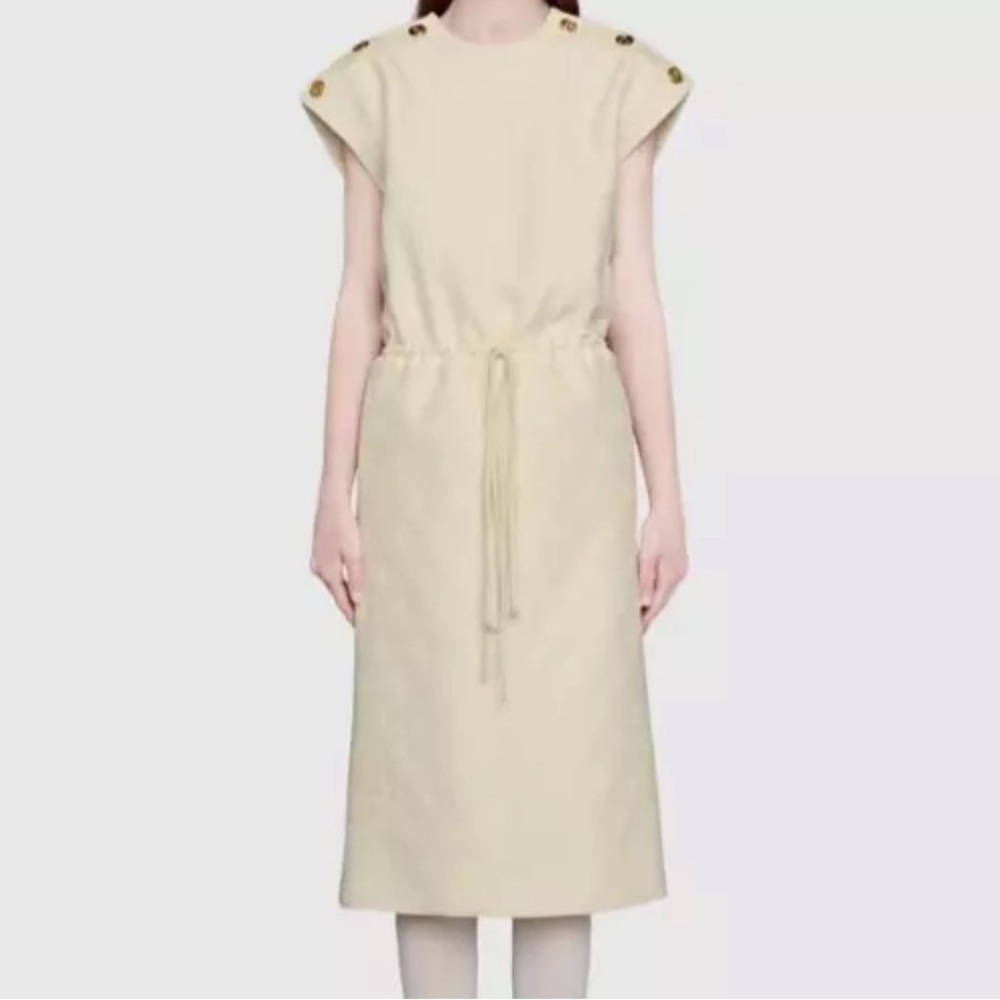 New Authentic Gucci GG Stripe Midi-Dress Ivory Gold Wool Silk Size 38 XS US 2